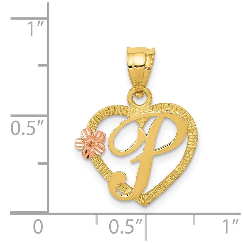 14k Two-Tone Heart Letter P Initial Pendant
