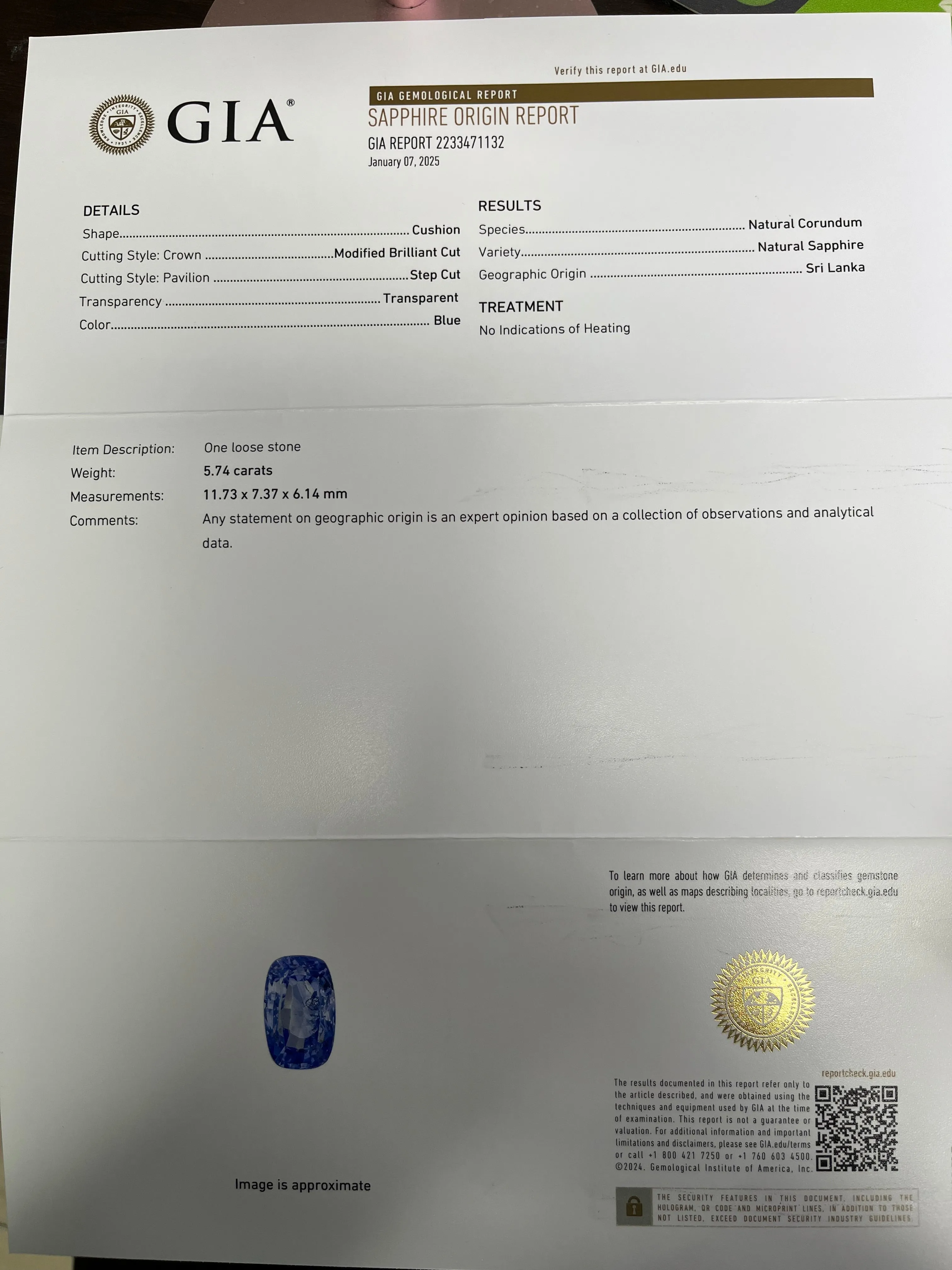 5.74ct Cushion Blue Sapphire Stone Certified By GIA#2233471132