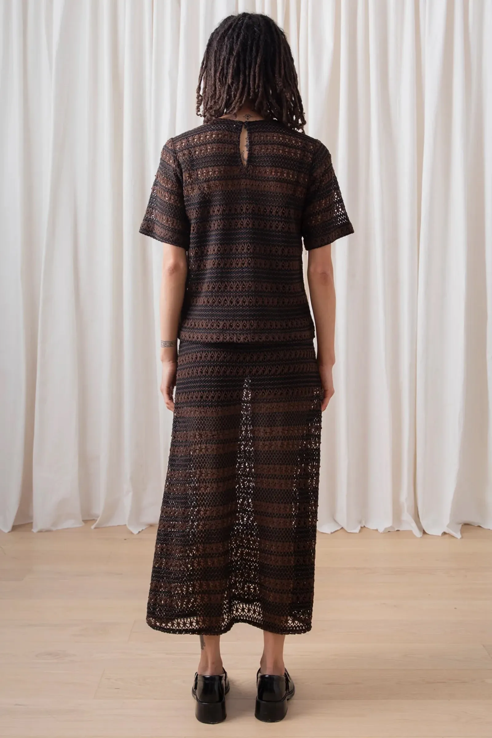 Ali Golden Crochet Woven T-Shirt in Brown/Black