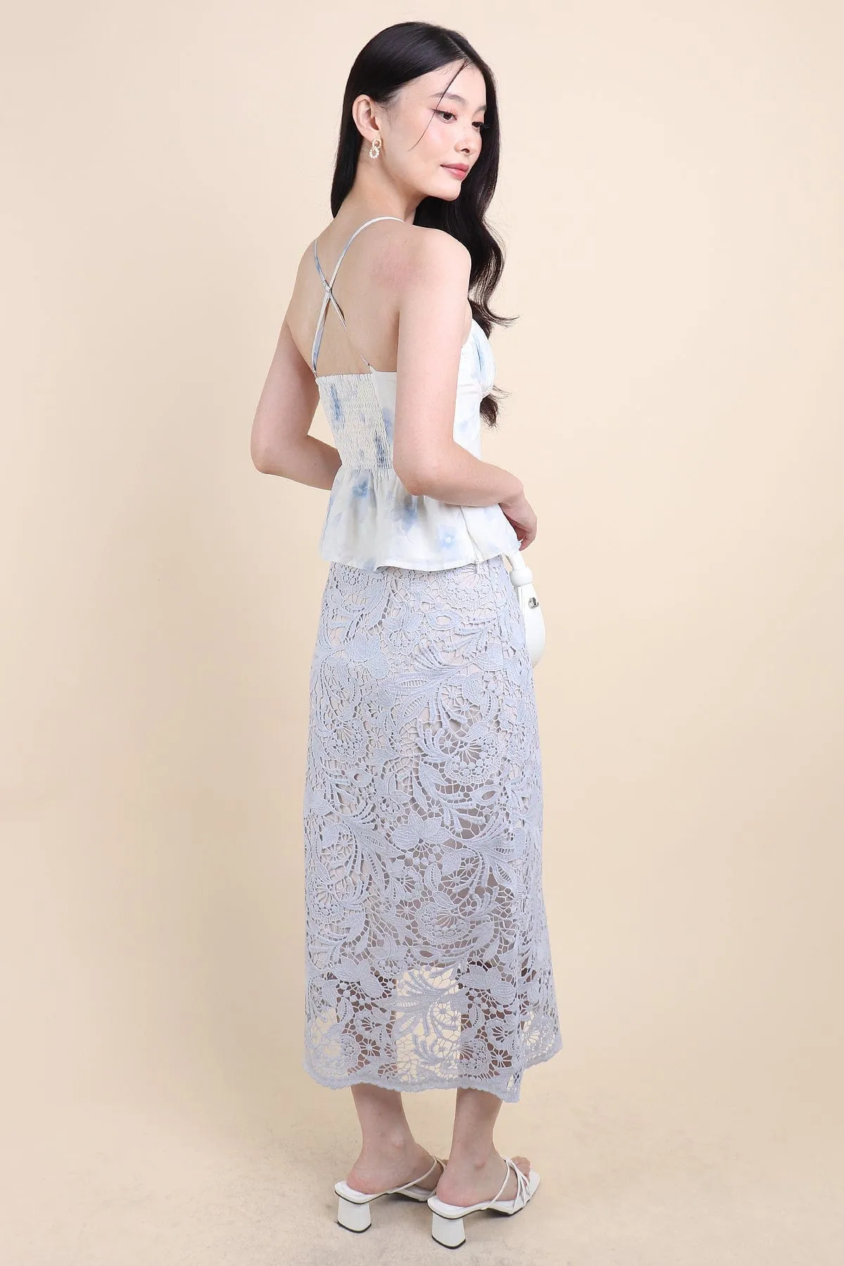 ANTOINETTE CROCHET SLIT MIDI SKIRT IN BLUE