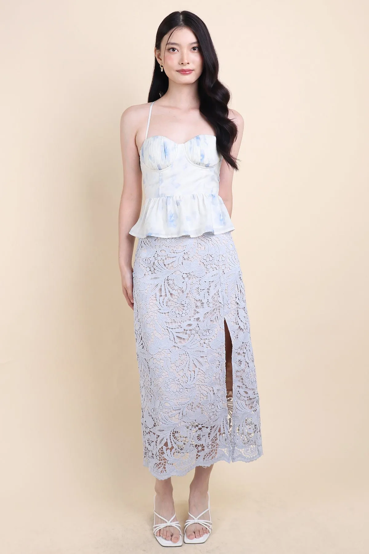 ANTOINETTE CROCHET SLIT MIDI SKIRT IN BLUE