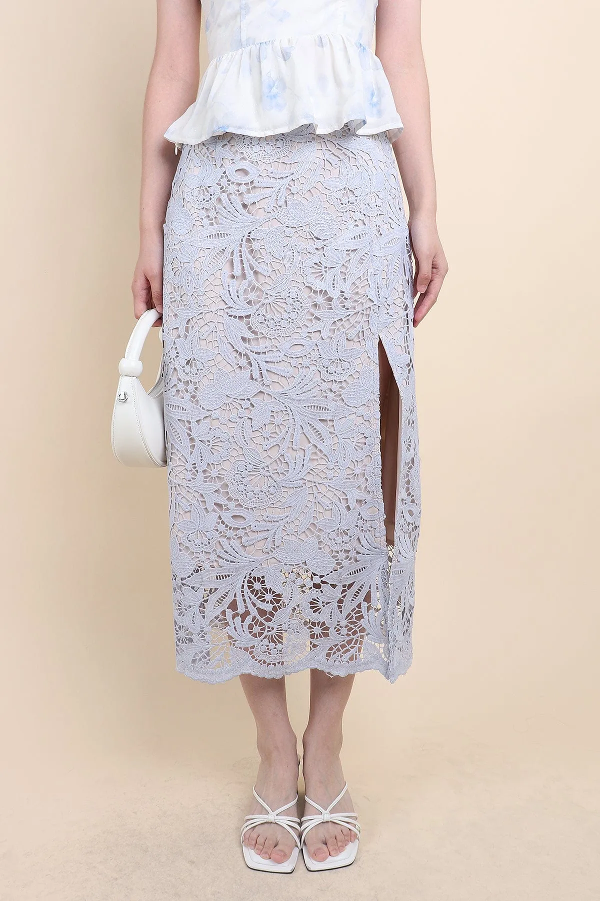ANTOINETTE CROCHET SLIT MIDI SKIRT IN BLUE