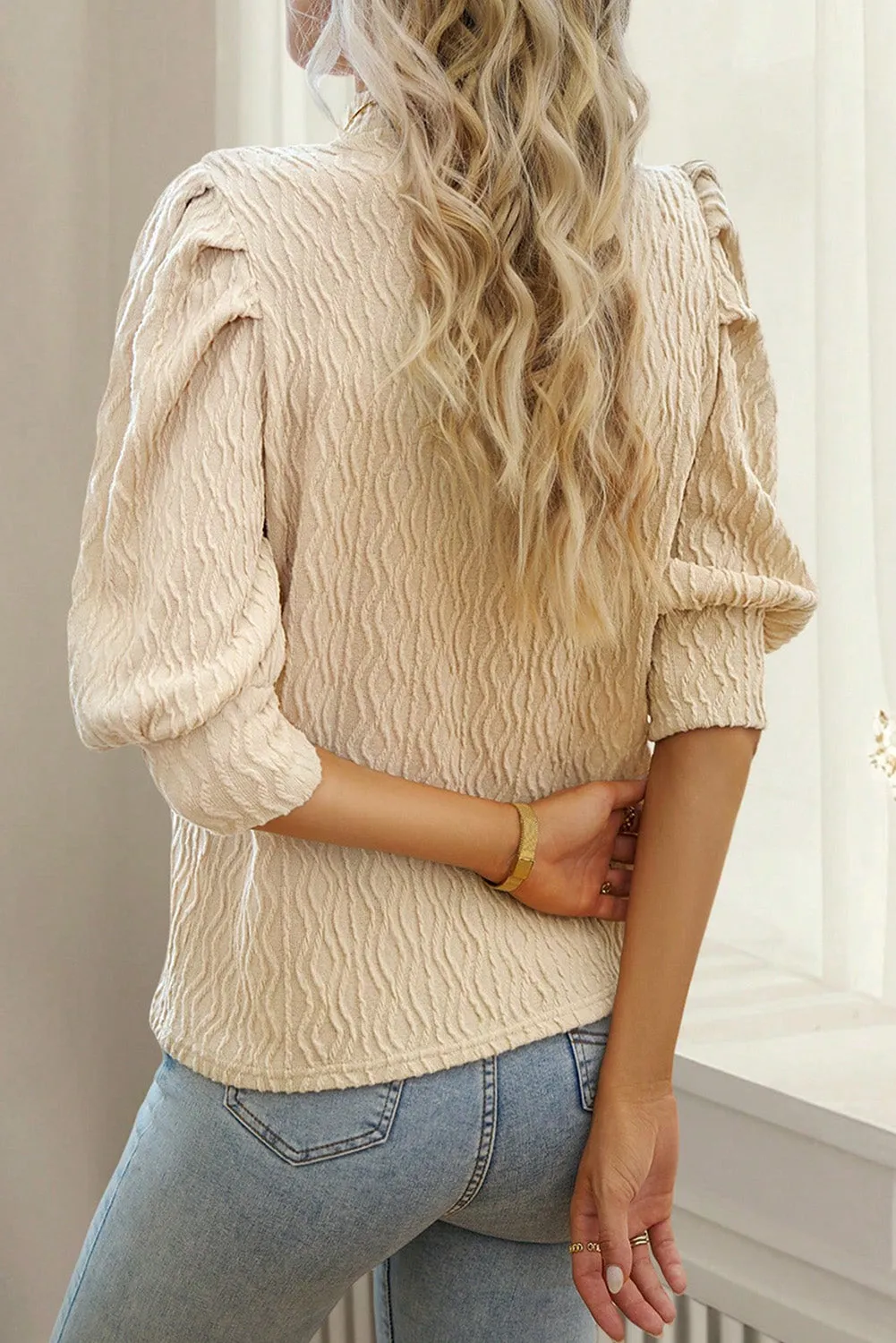 Apricot Vintage Textured Puff Sleeve Mock Neck Top