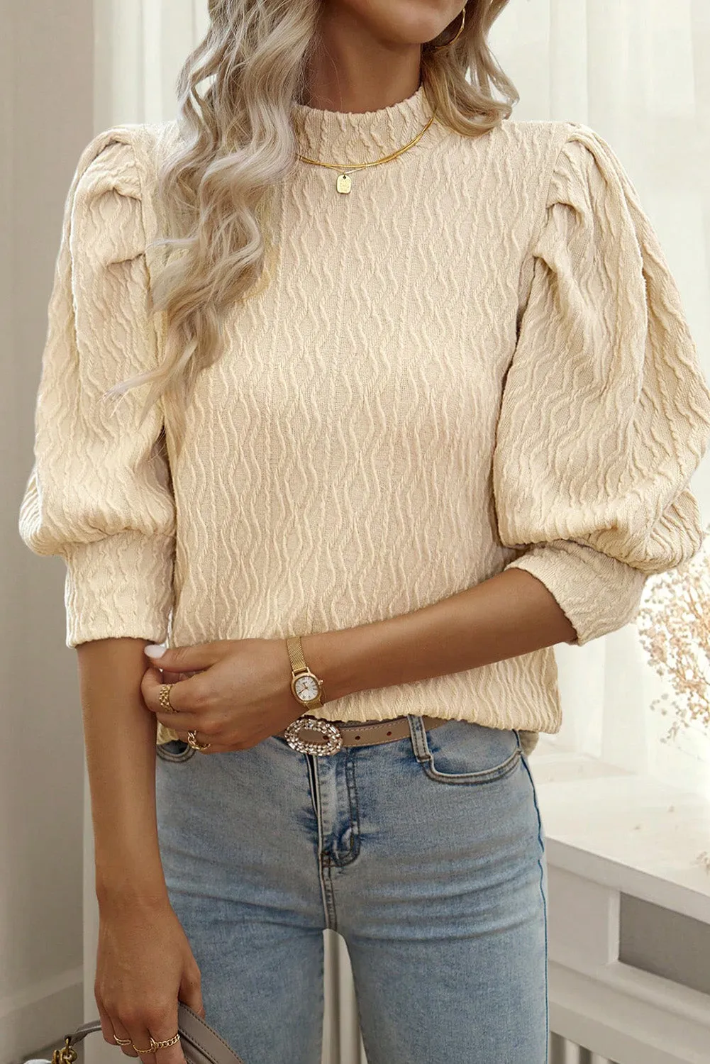 Apricot Vintage Textured Puff Sleeve Mock Neck Top