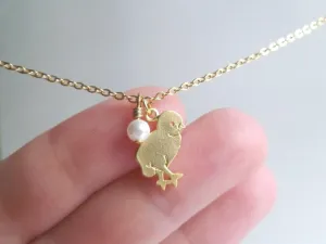 Baby Chick Necklace, chicken necklace, baby chicken necklace, chick charm, farm necklace, farmer necklace, gold chick, baby bird, tiny pearl