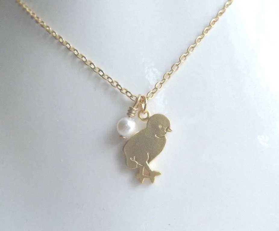 Baby Chick Necklace, chicken necklace, baby chicken necklace, chick charm, farm necklace, farmer necklace, gold chick, baby bird, tiny pearl