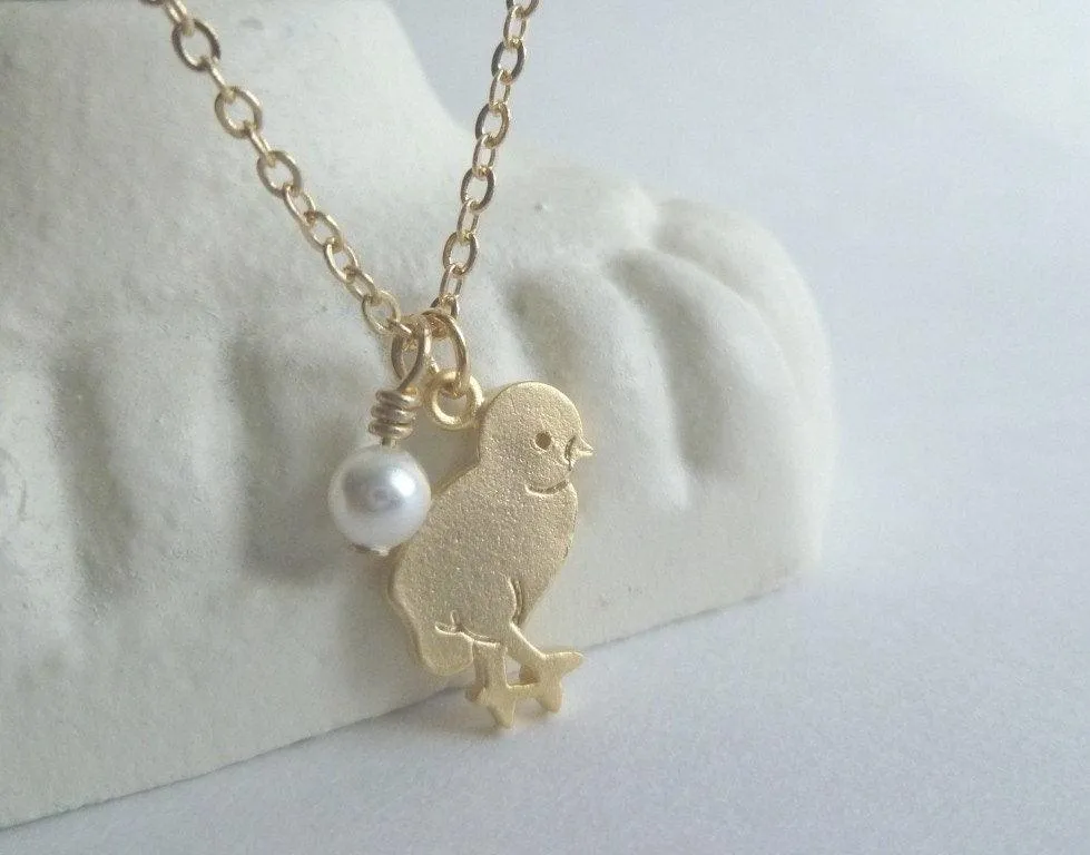 Baby Chick Necklace, chicken necklace, baby chicken necklace, chick charm, farm necklace, farmer necklace, gold chick, baby bird, tiny pearl