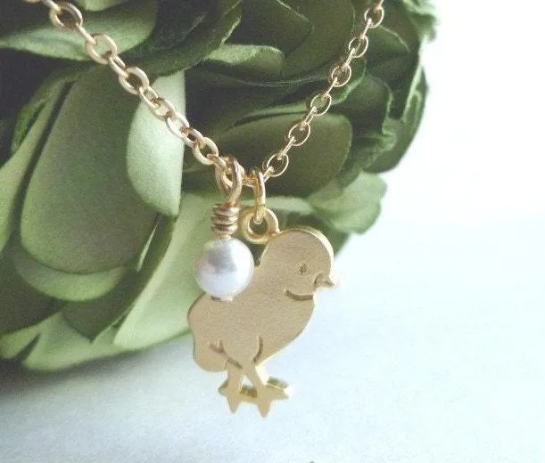 Baby Chick Necklace, chicken necklace, baby chicken necklace, chick charm, farm necklace, farmer necklace, gold chick, baby bird, tiny pearl