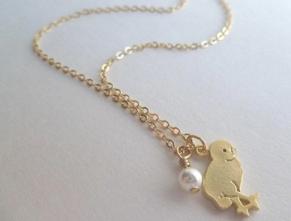 Baby Chick Necklace, chicken necklace, baby chicken necklace, chick charm, farm necklace, farmer necklace, gold chick, baby bird, tiny pearl