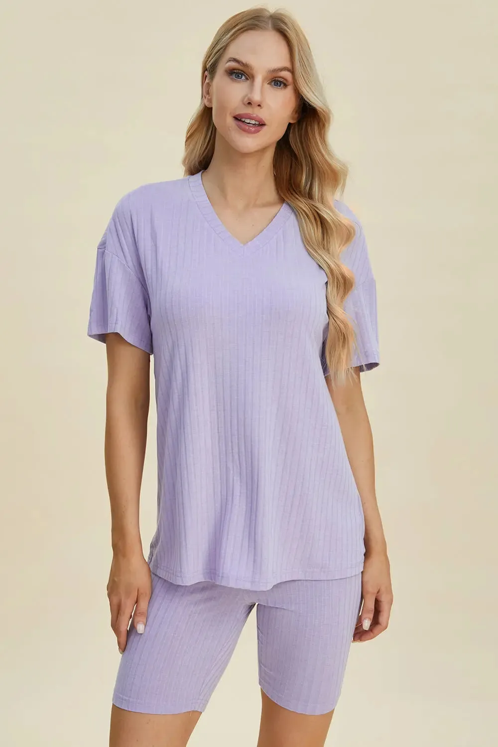 Basic Bae Full Size Ribbed V-Neck Short Sleeve Top and Shorts Set