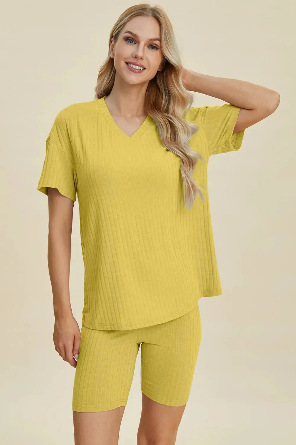 Basic Bae Full Size Ribbed V-Neck Short Sleeve Top and Shorts Set