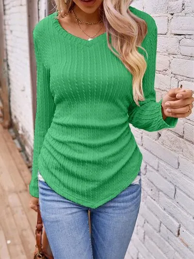 Berklee Textured Ruched V-Neck Long Sleeve T-Shirt