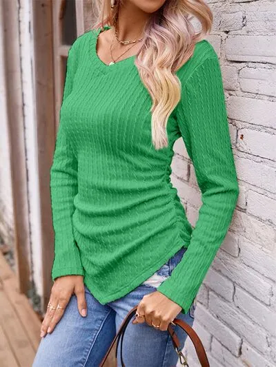 Berklee Textured Ruched V-Neck Long Sleeve T-Shirt