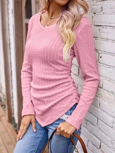 Berklee Textured Ruched V-Neck Long Sleeve T-Shirt