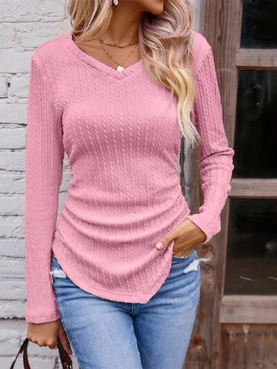 Berklee Textured Ruched V-Neck Long Sleeve T-Shirt