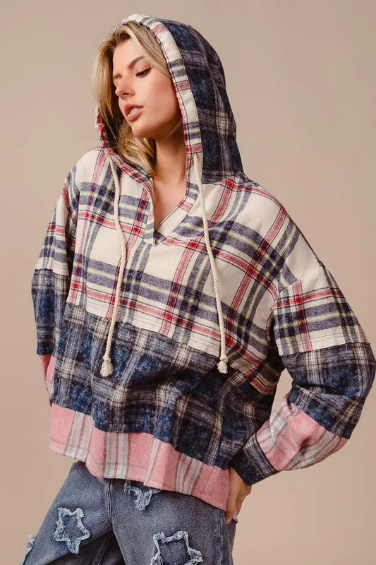 BiBi Women’s Plaid Drop Shoulder Hoodie with Drawstring | Cozy Cotton Pullover Sweatshirt