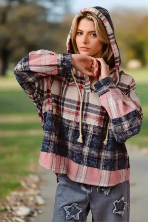 BiBi Women’s Plaid Drop Shoulder Hoodie with Drawstring | Cozy Cotton Pullover Sweatshirt