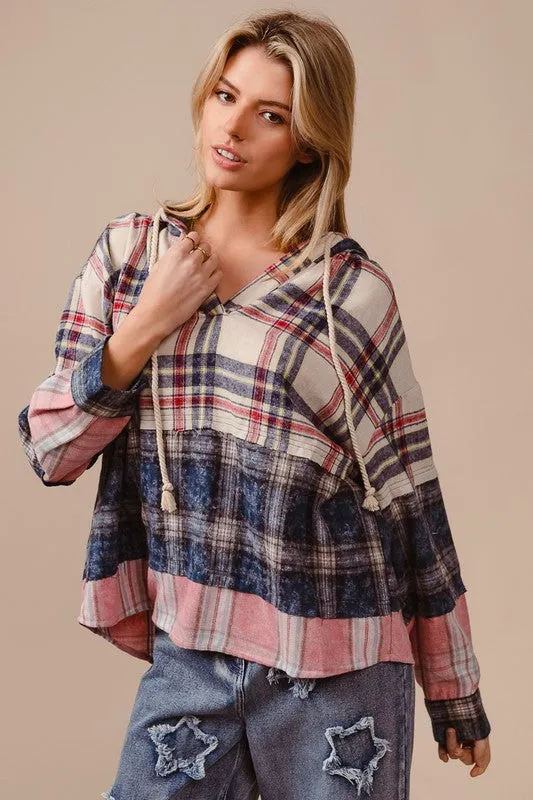 BiBi Women’s Plaid Drop Shoulder Hoodie with Drawstring | Cozy Cotton Pullover Sweatshirt