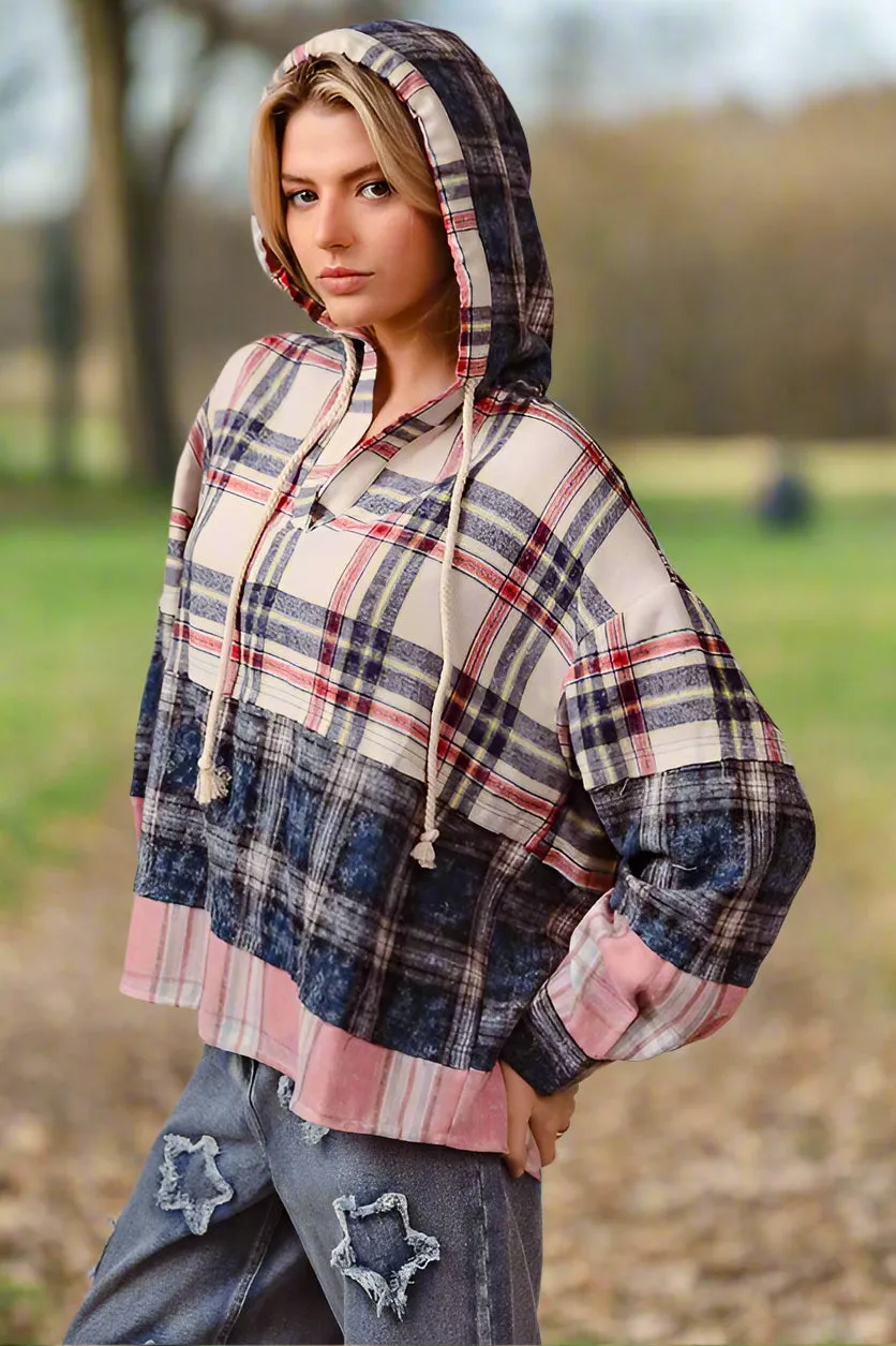 BiBi Women’s Plaid Drop Shoulder Hoodie with Drawstring | Cozy Cotton Pullover Sweatshirt