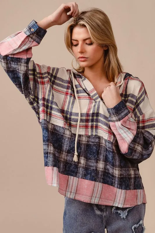 BiBi Women’s Plaid Drop Shoulder Hoodie with Drawstring | Cozy Cotton Pullover Sweatshirt