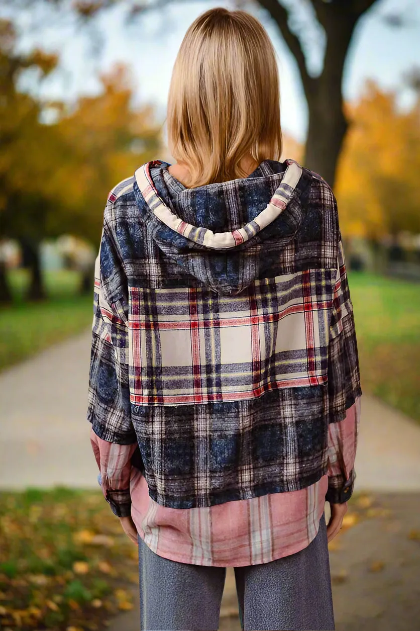 BiBi Women’s Plaid Drop Shoulder Hoodie with Drawstring | Cozy Cotton Pullover Sweatshirt