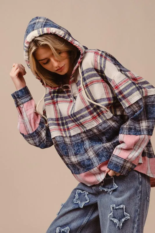 BiBi Women’s Plaid Drop Shoulder Hoodie with Drawstring | Cozy Cotton Pullover Sweatshirt