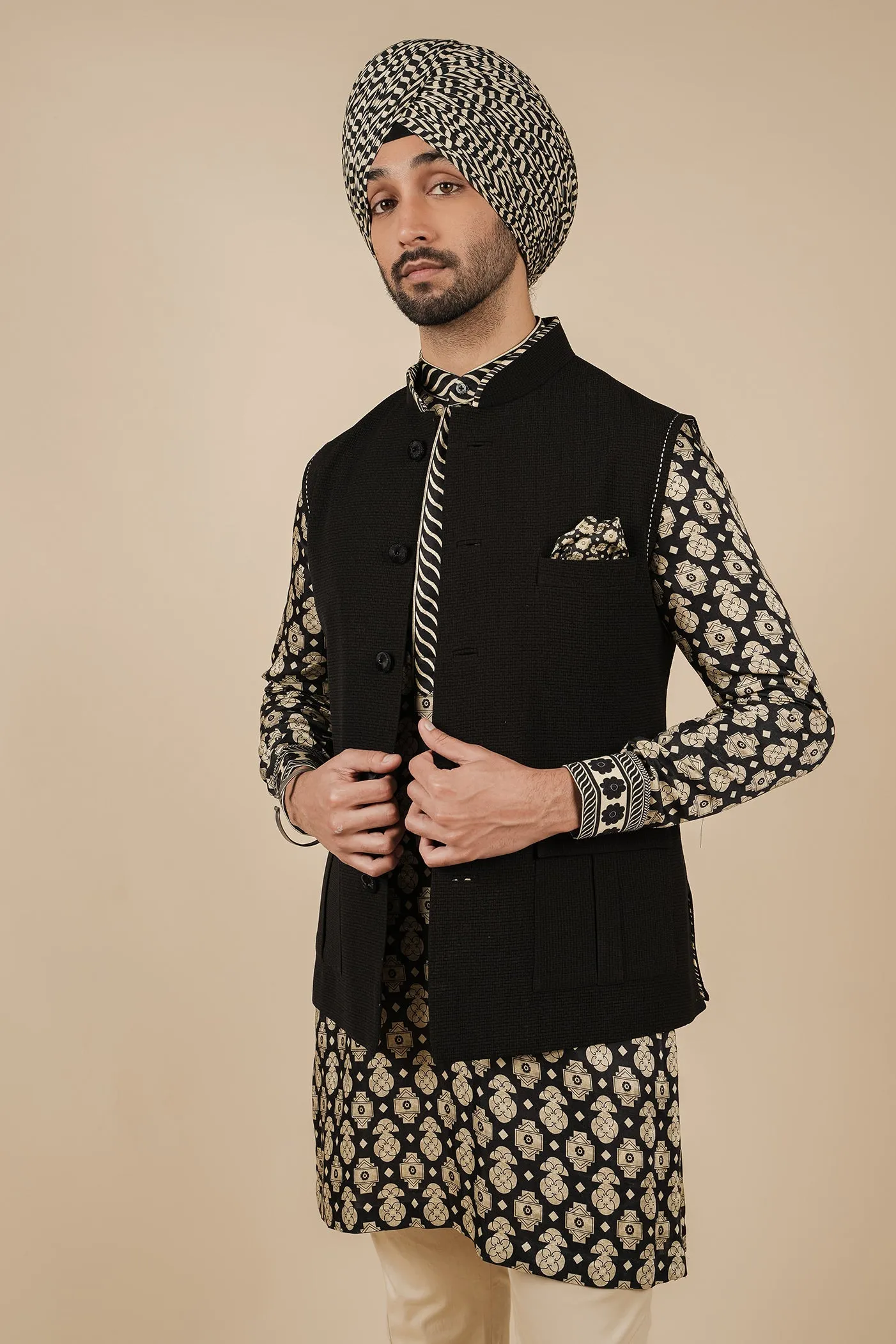Black Textured Nehru Jacket