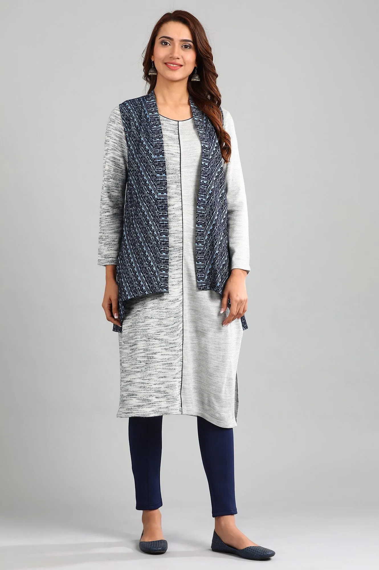 Blue Shawl Neck Yarn-dyed Winter Gillet