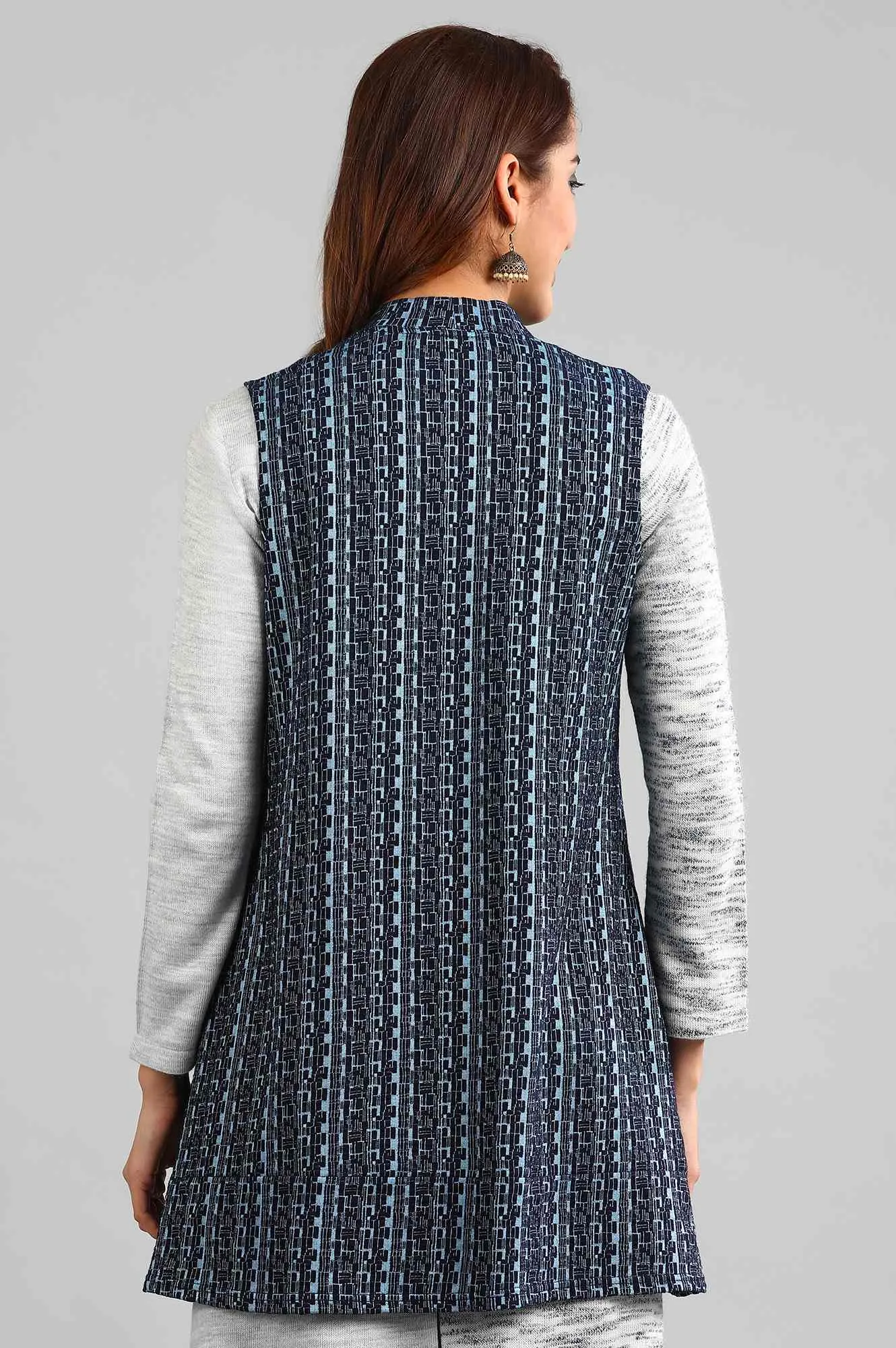 Blue Shawl Neck Yarn-dyed Winter Gillet