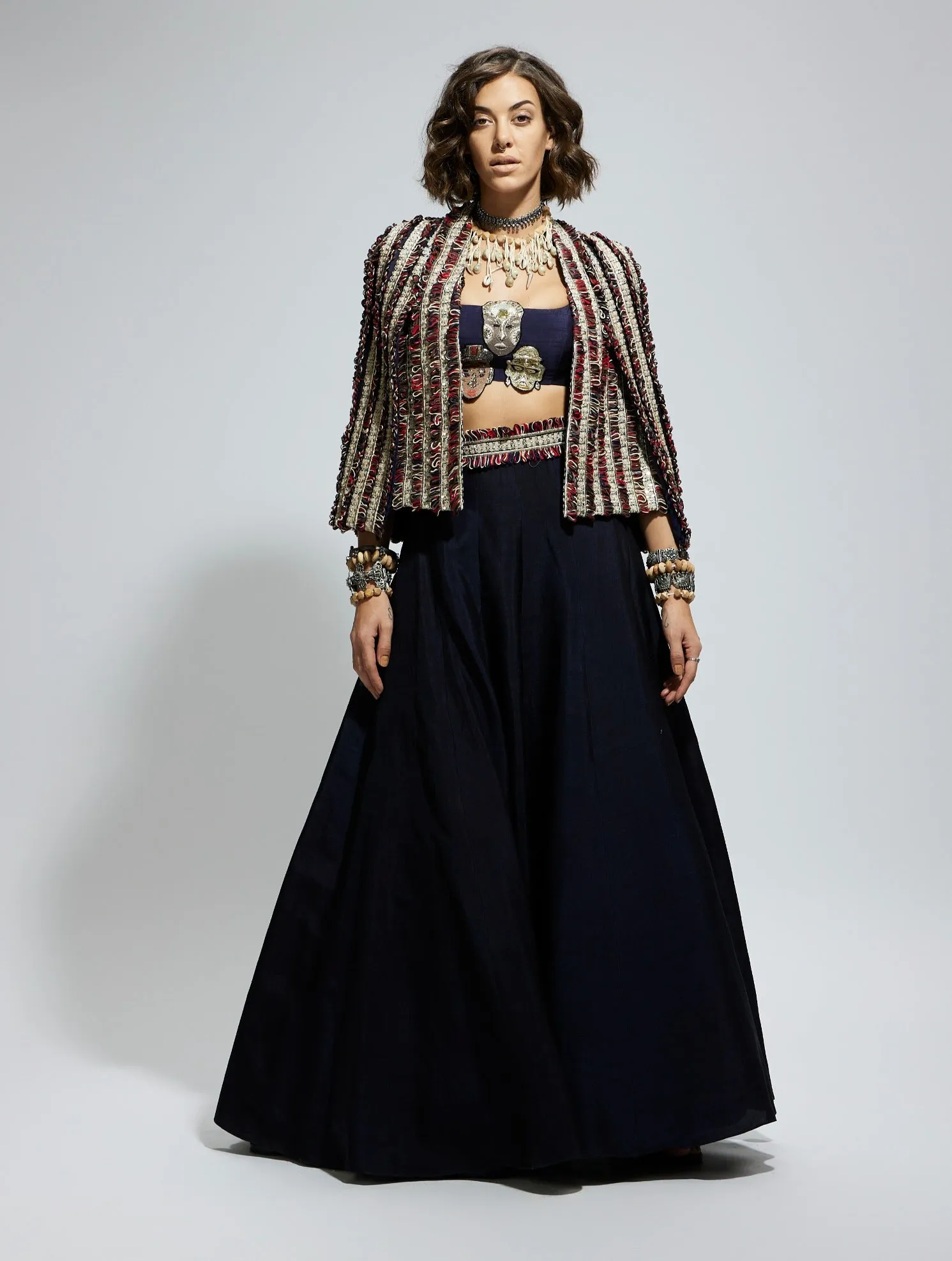 Blue silk embellished cape and lehenga set