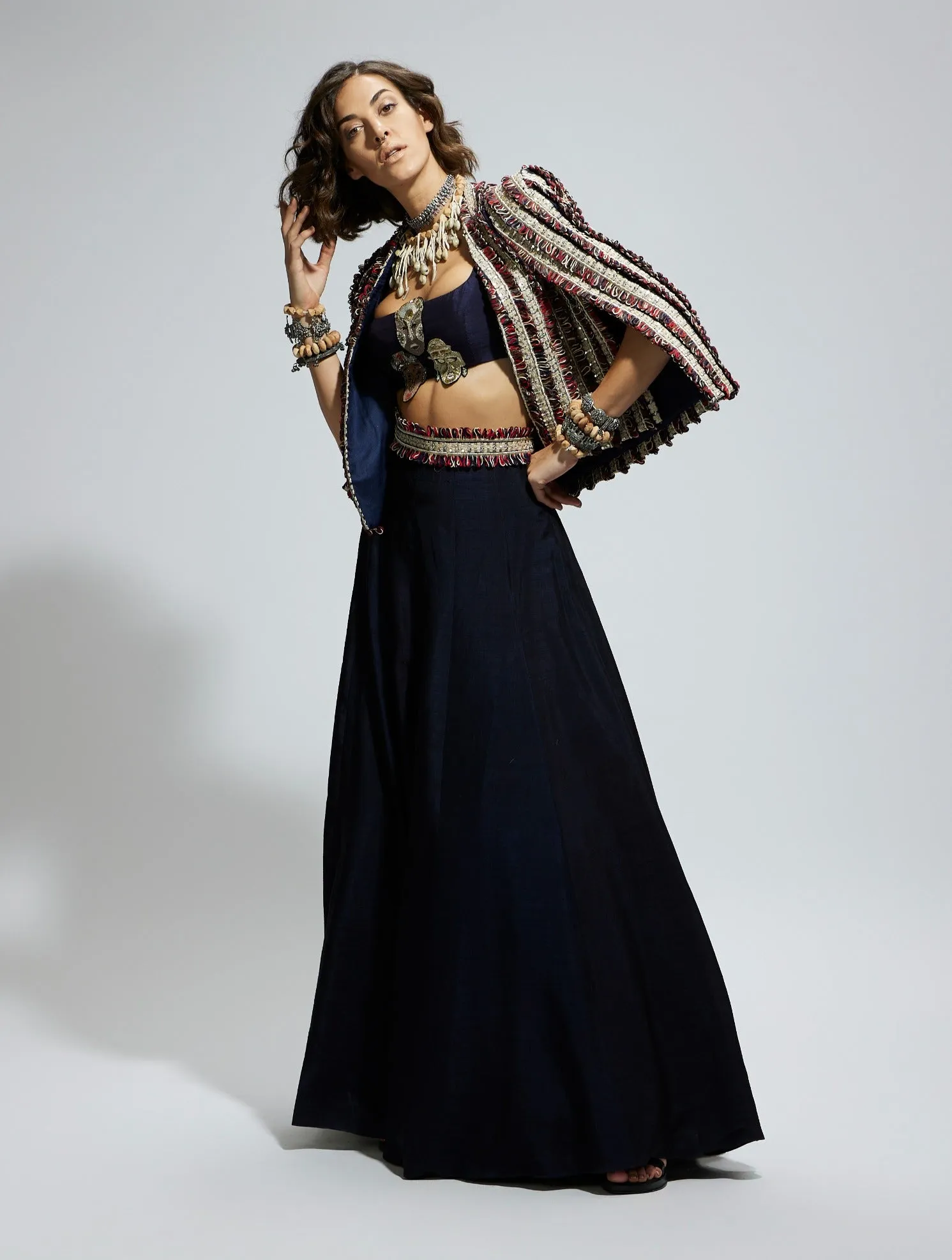 Blue silk embellished cape and lehenga set
