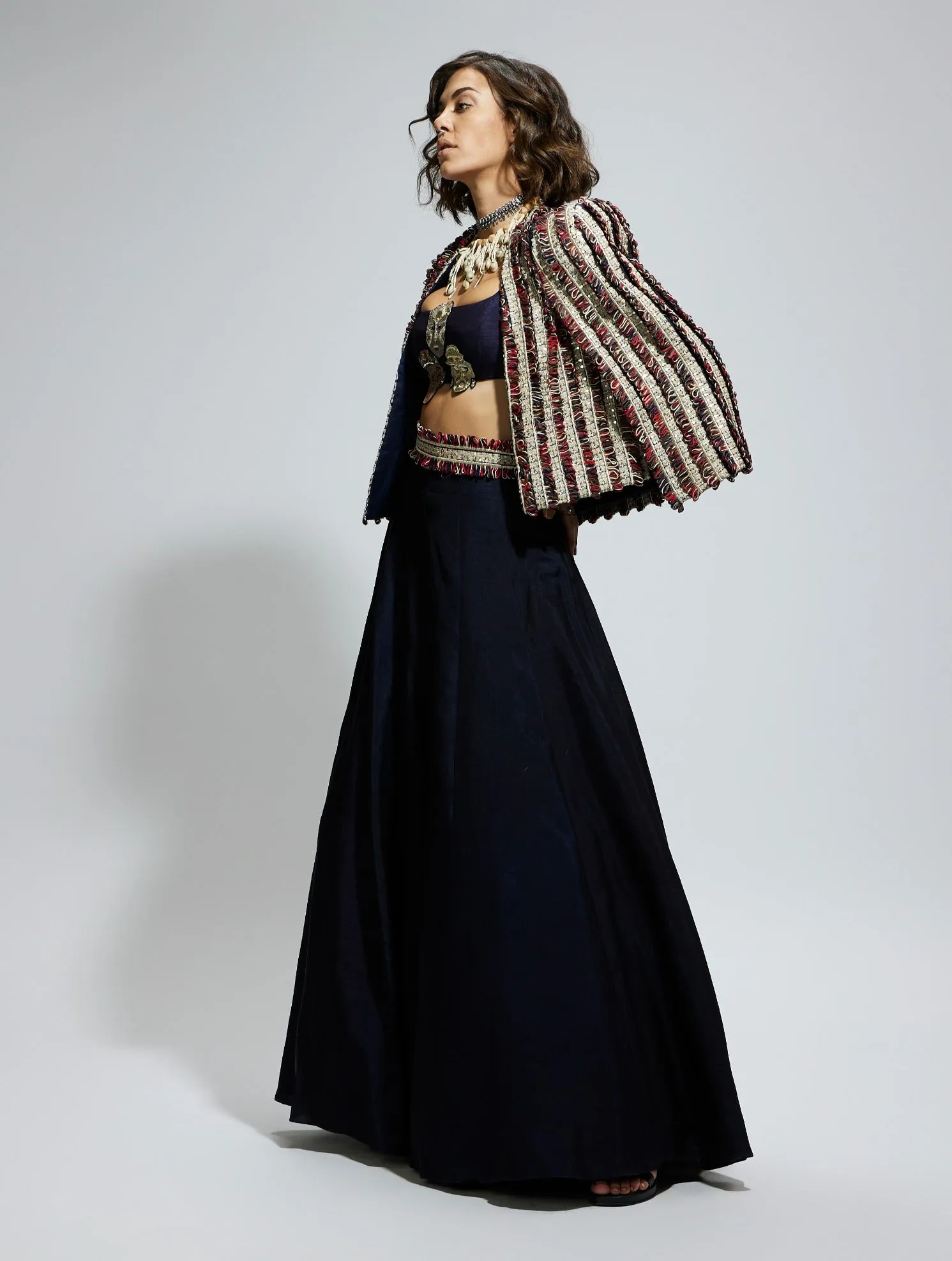 Blue silk embellished cape and lehenga set