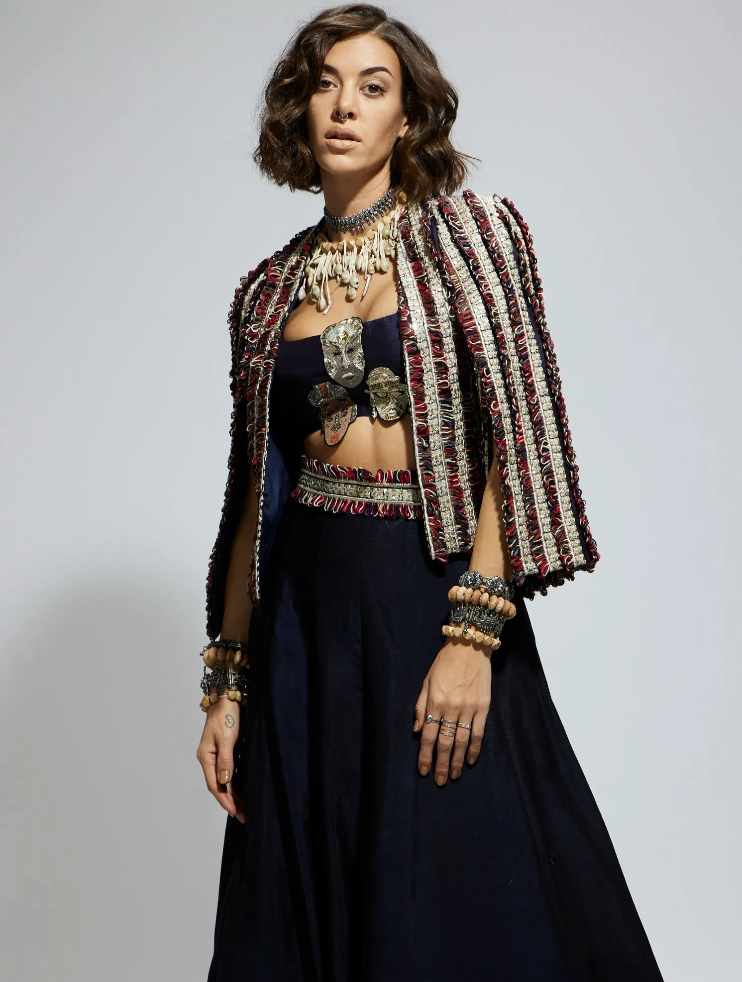 Blue silk embellished cape and lehenga set