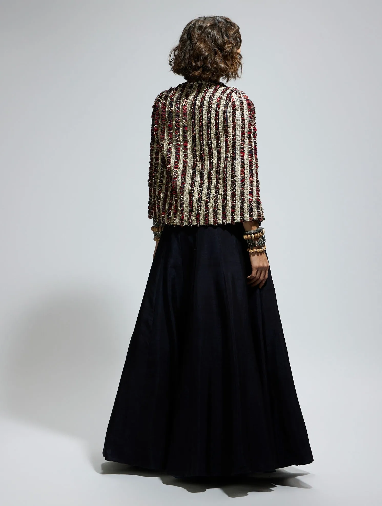 Blue silk embellished cape and lehenga set