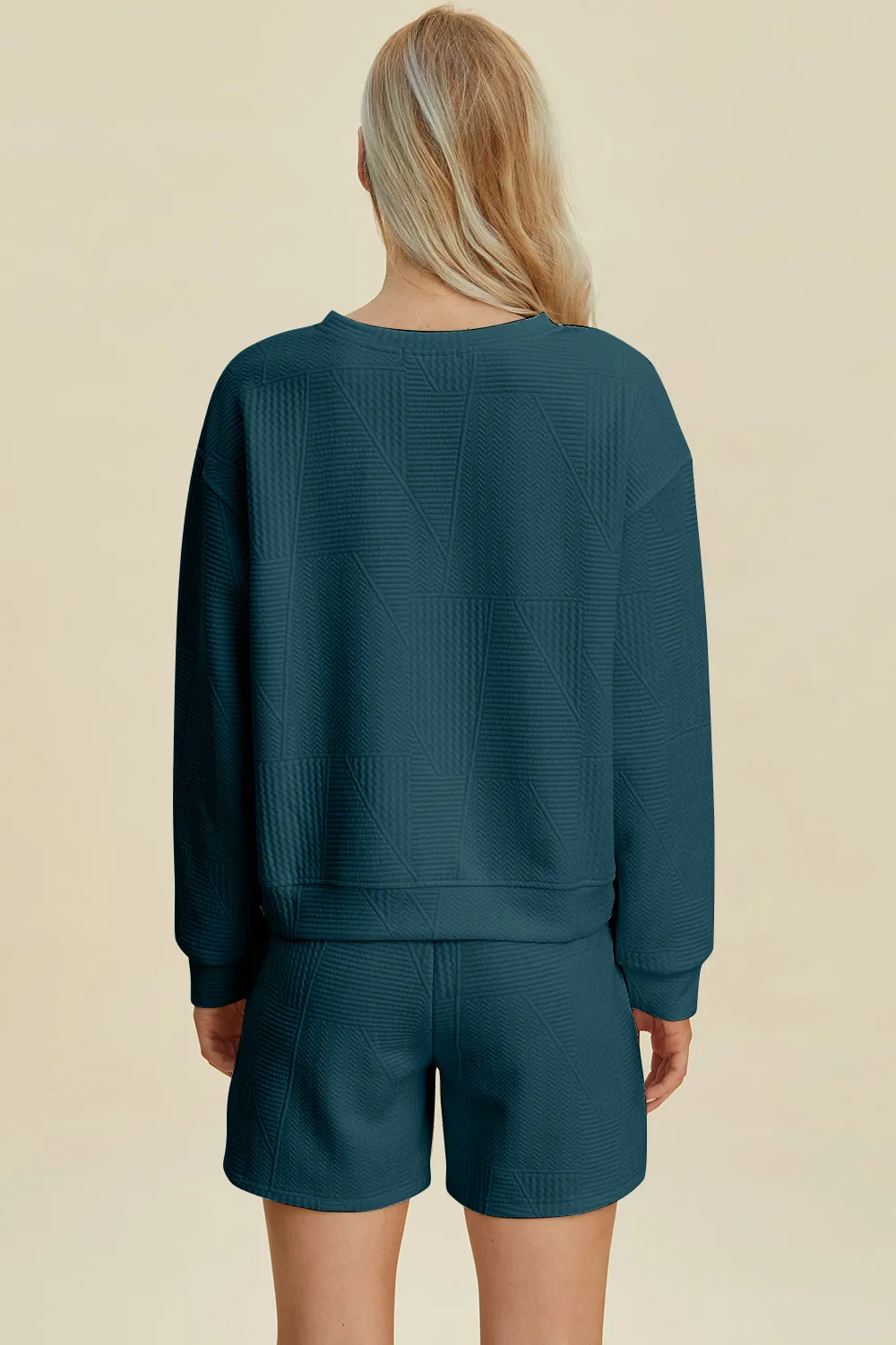 Blue Texture Round Neck Long Sleeve Top and Shorts Set
