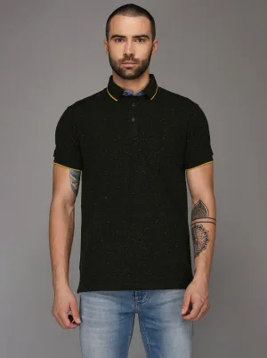 Bottle Green Self Textured Slim Fit Polo T-Shirt | JadeBlue