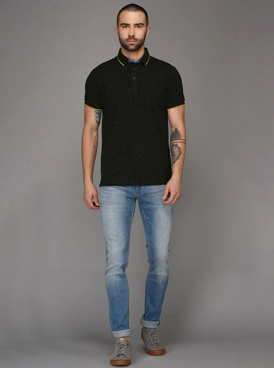 Bottle Green Self Textured Slim Fit Polo T-Shirt | JadeBlue