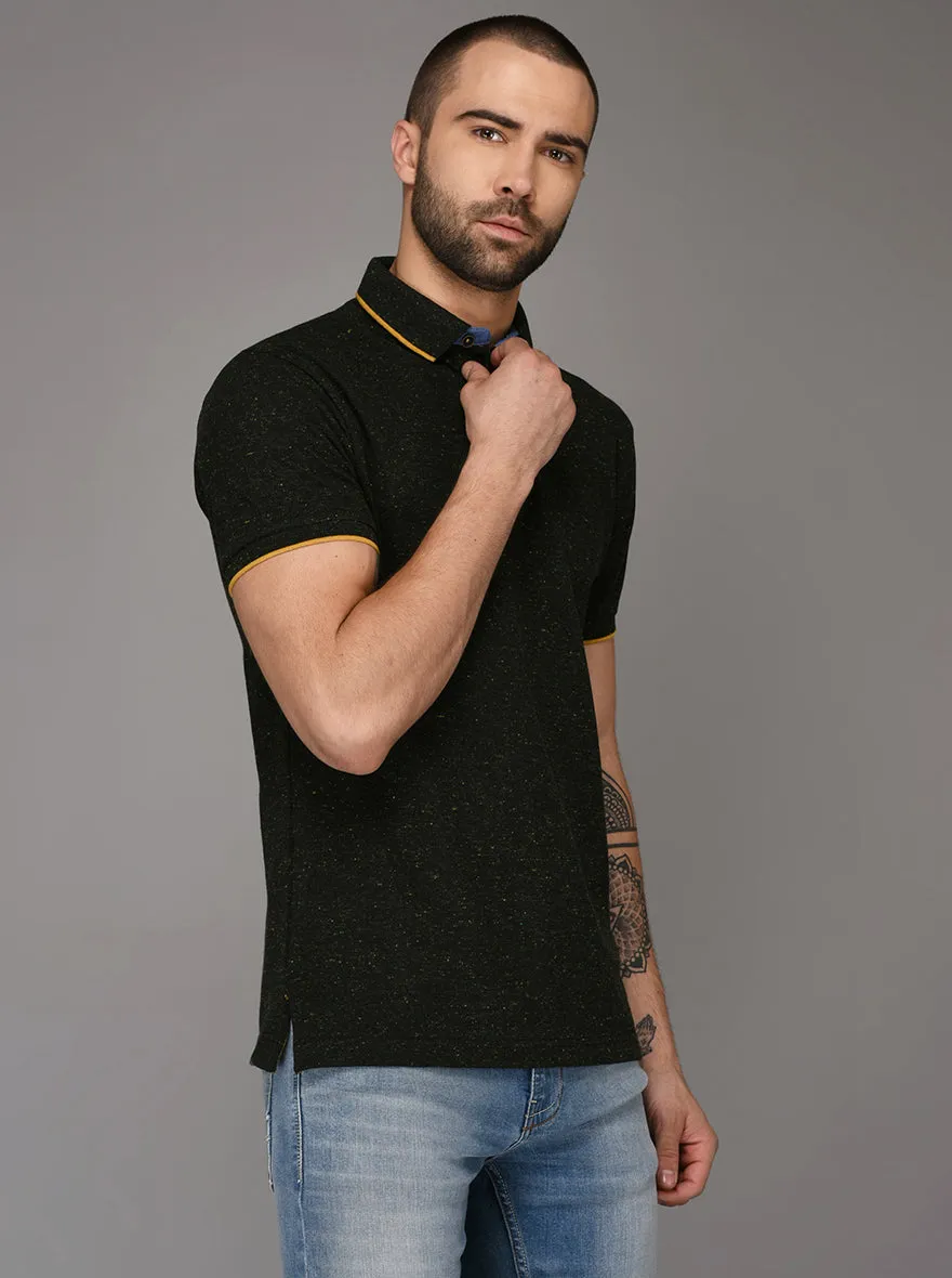 Bottle Green Self Textured Slim Fit Polo T-Shirt | JadeBlue
