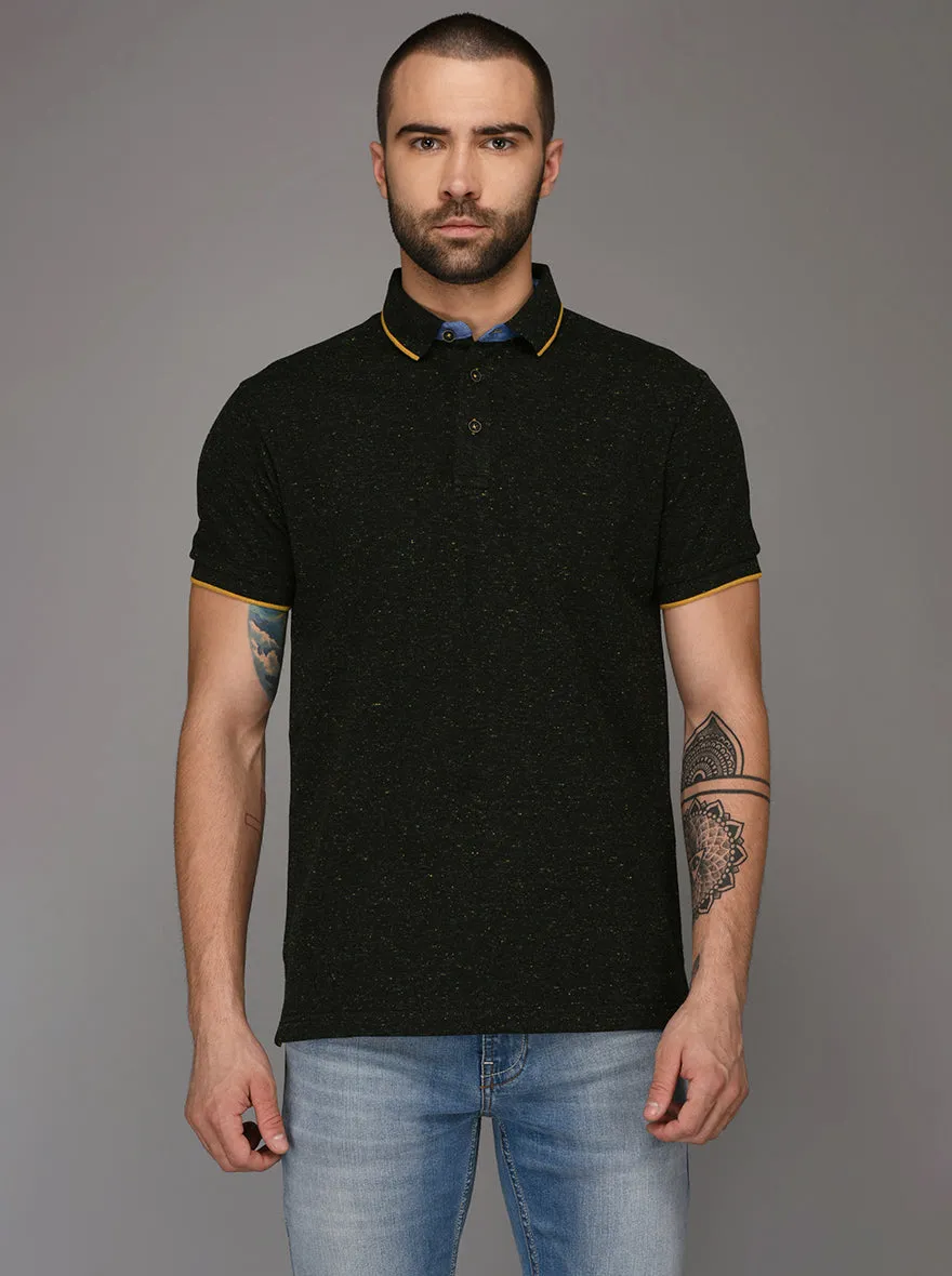 Bottle Green Self Textured Slim Fit Polo T-Shirt | JadeBlue