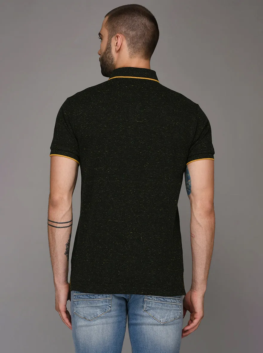 Bottle Green Self Textured Slim Fit Polo T-Shirt | JadeBlue