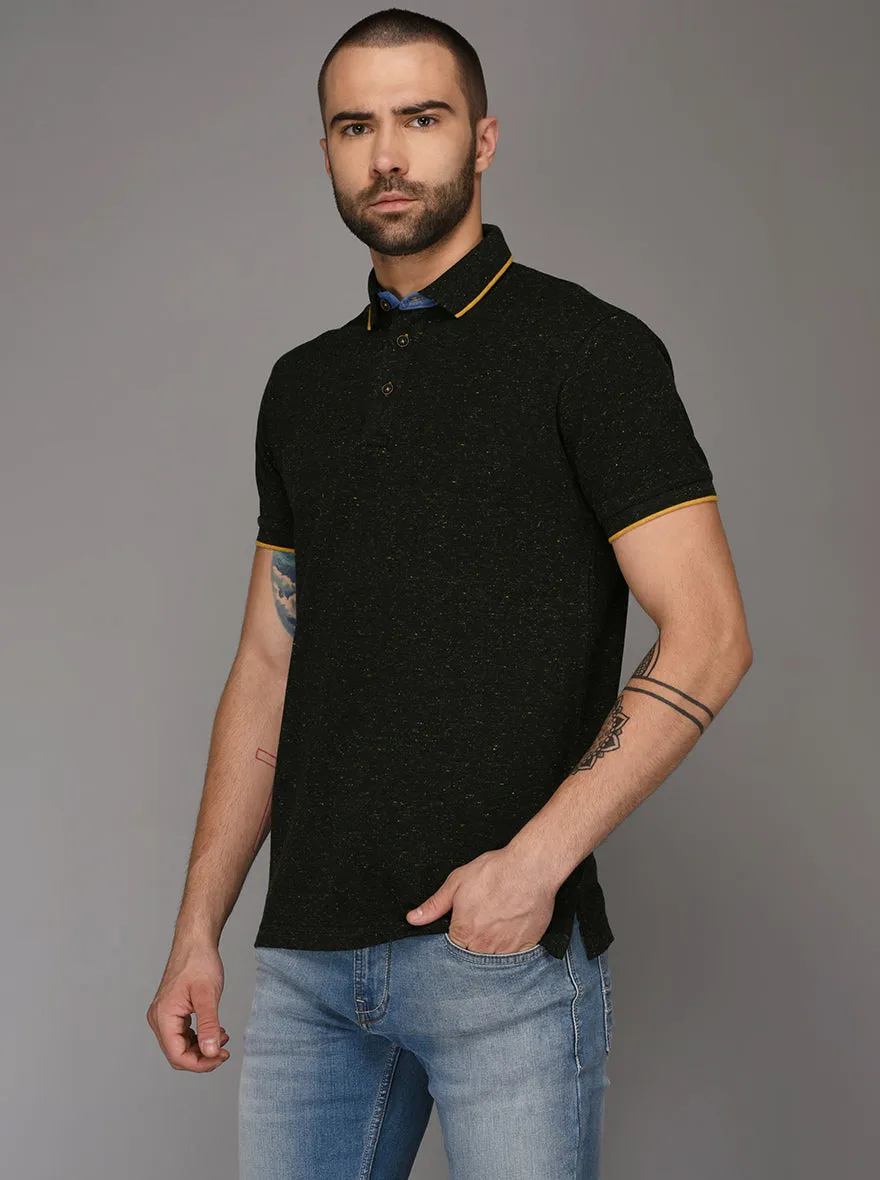 Bottle Green Self Textured Slim Fit Polo T-Shirt | JadeBlue