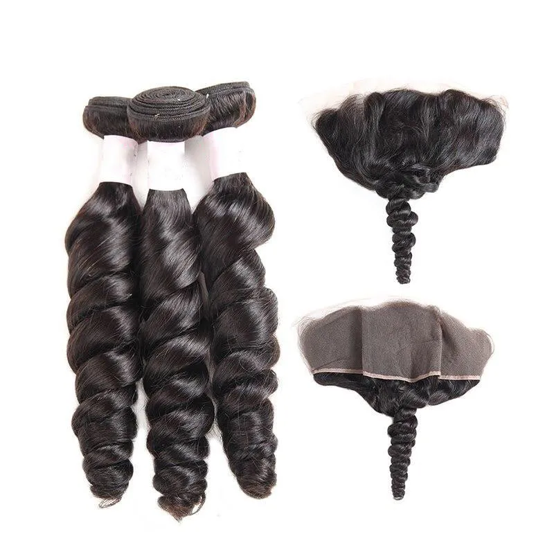 Brazilian Double Loose Wave Human Hair Bundles with 13x5 Lace Frontal