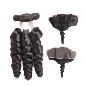 Brazilian Double Loose Wave Human Hair Bundles with 13x5 Lace Frontal