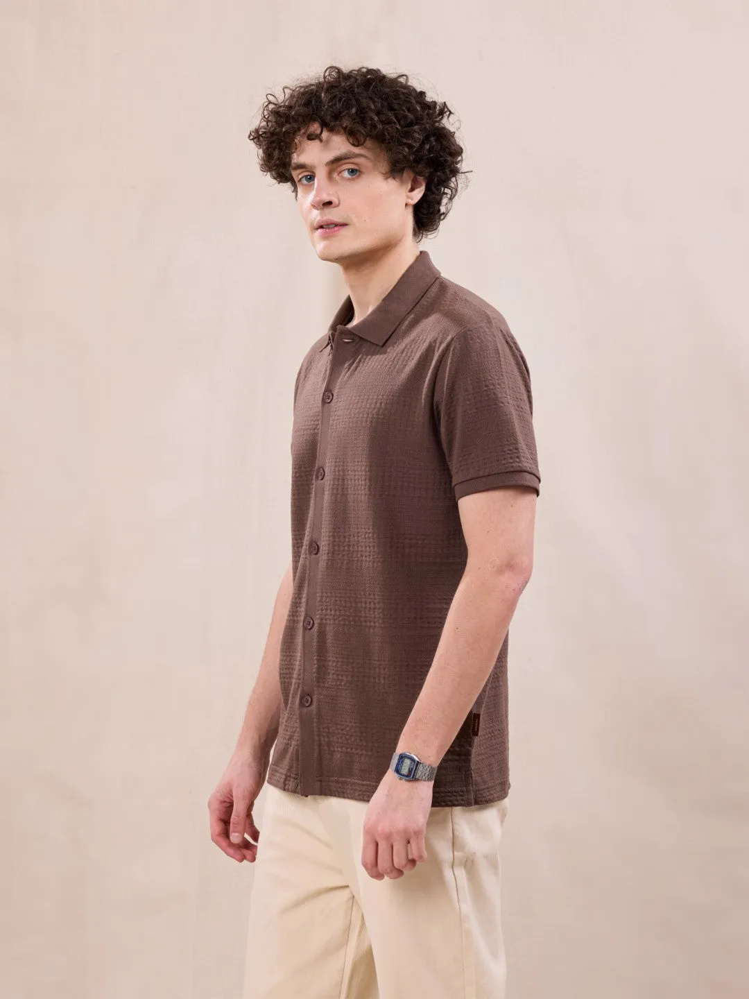 Brown Knitted Half Sleeve Shirt