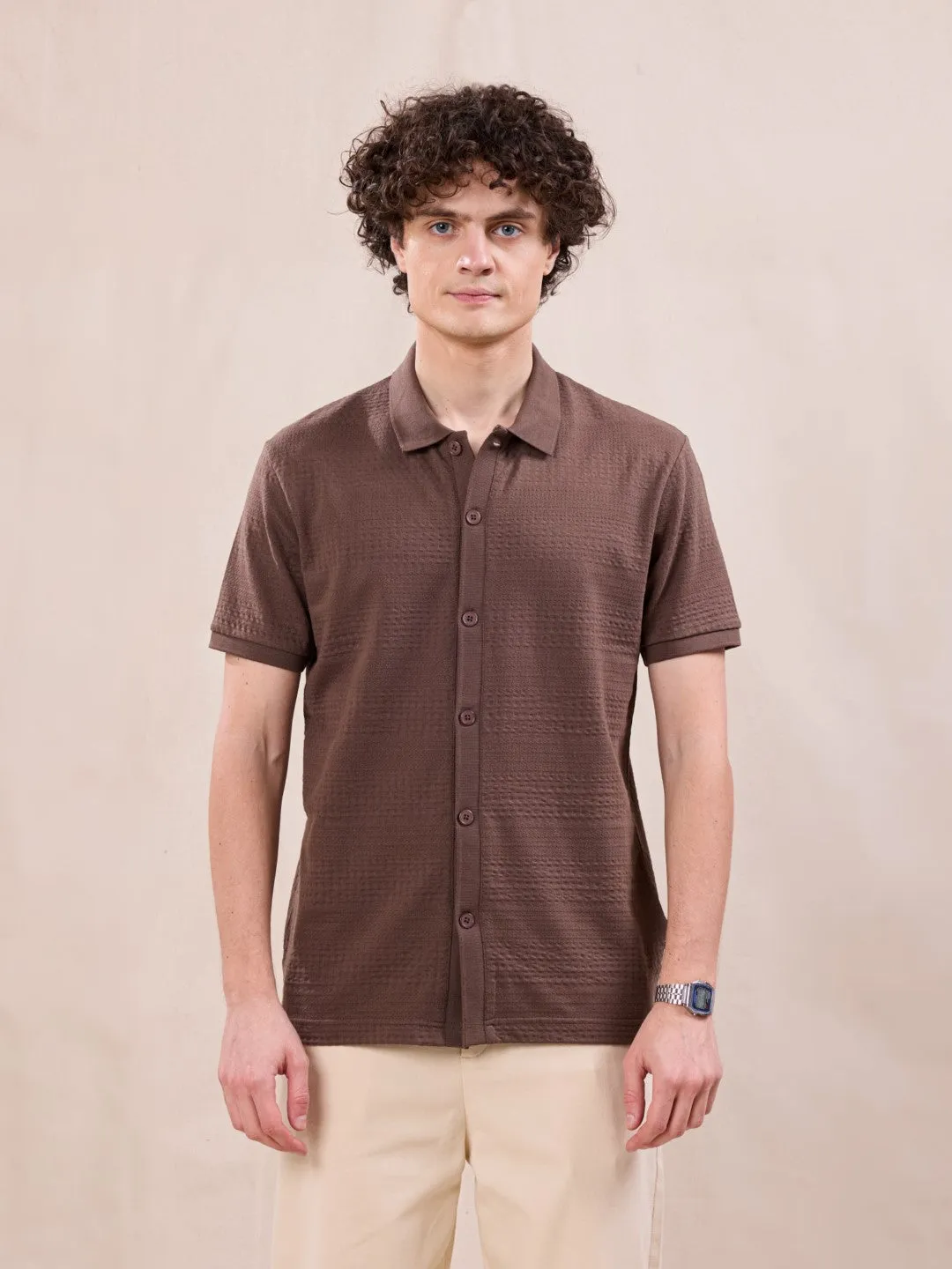 Brown Knitted Half Sleeve Shirt