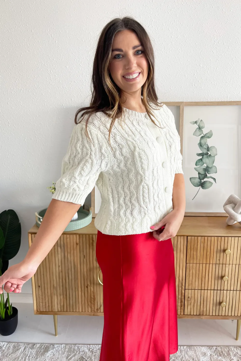 Cable Knit Puff Sleeve Sweater Cardigan