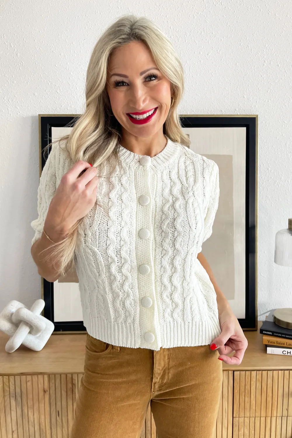 Cable Knit Puff Sleeve Sweater Cardigan