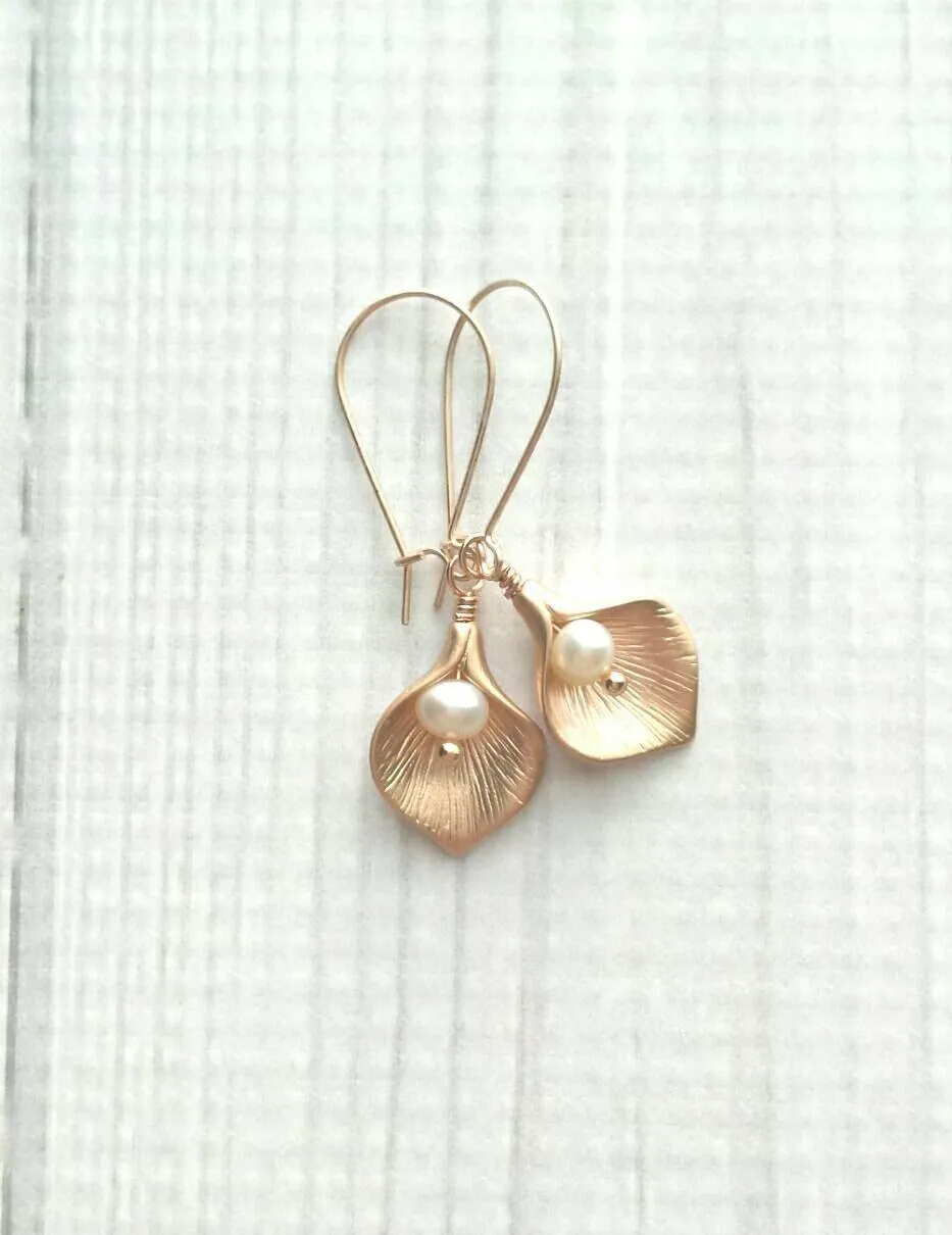 Calla Lily Earrings - gold matte brass & freshwater pearls, locking kidney ear hook, delicate flower earrings, bridal bridesmaid jewelry