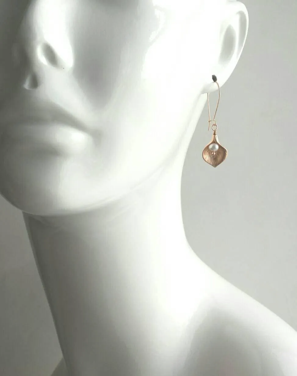 Calla Lily Earrings - gold matte brass & freshwater pearls, locking kidney ear hook, delicate flower earrings, bridal bridesmaid jewelry