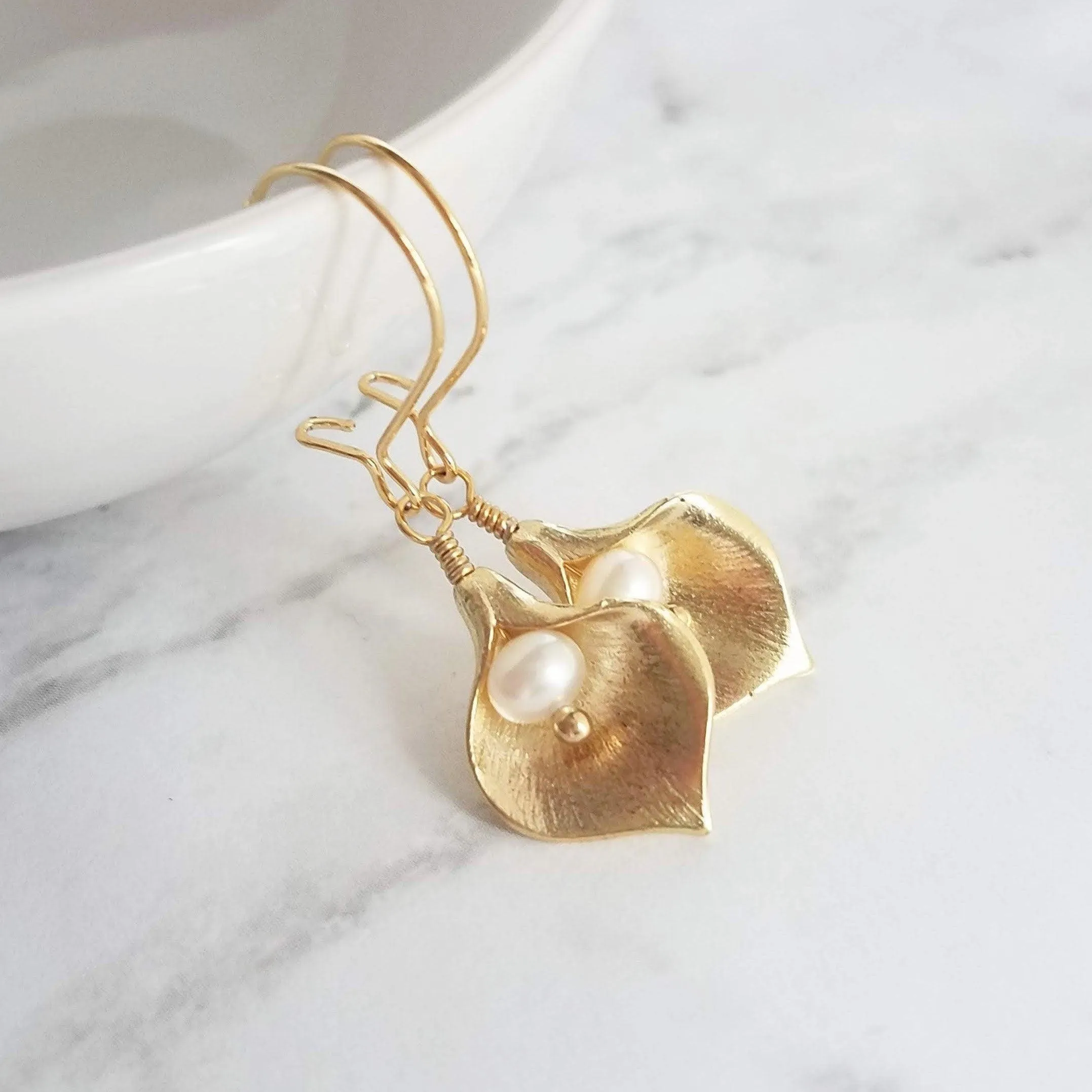 Calla Lily Earrings - gold matte brass & freshwater pearls, locking kidney ear hook, delicate flower earrings, bridal bridesmaid jewelry